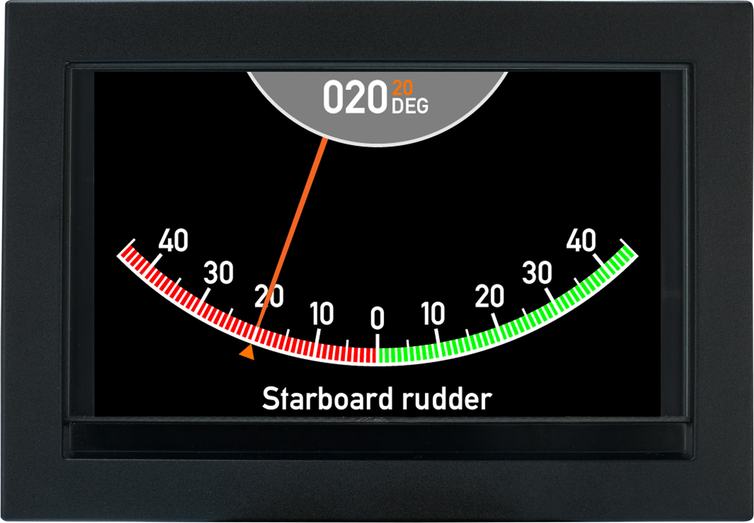 A digital gauge displays 020 DEG with an orange needle pointing to 20 on a curved scale labeled Starboard rudder. The scale is red from -40 to 0, green from 0 to 40, with the needle in the green area.