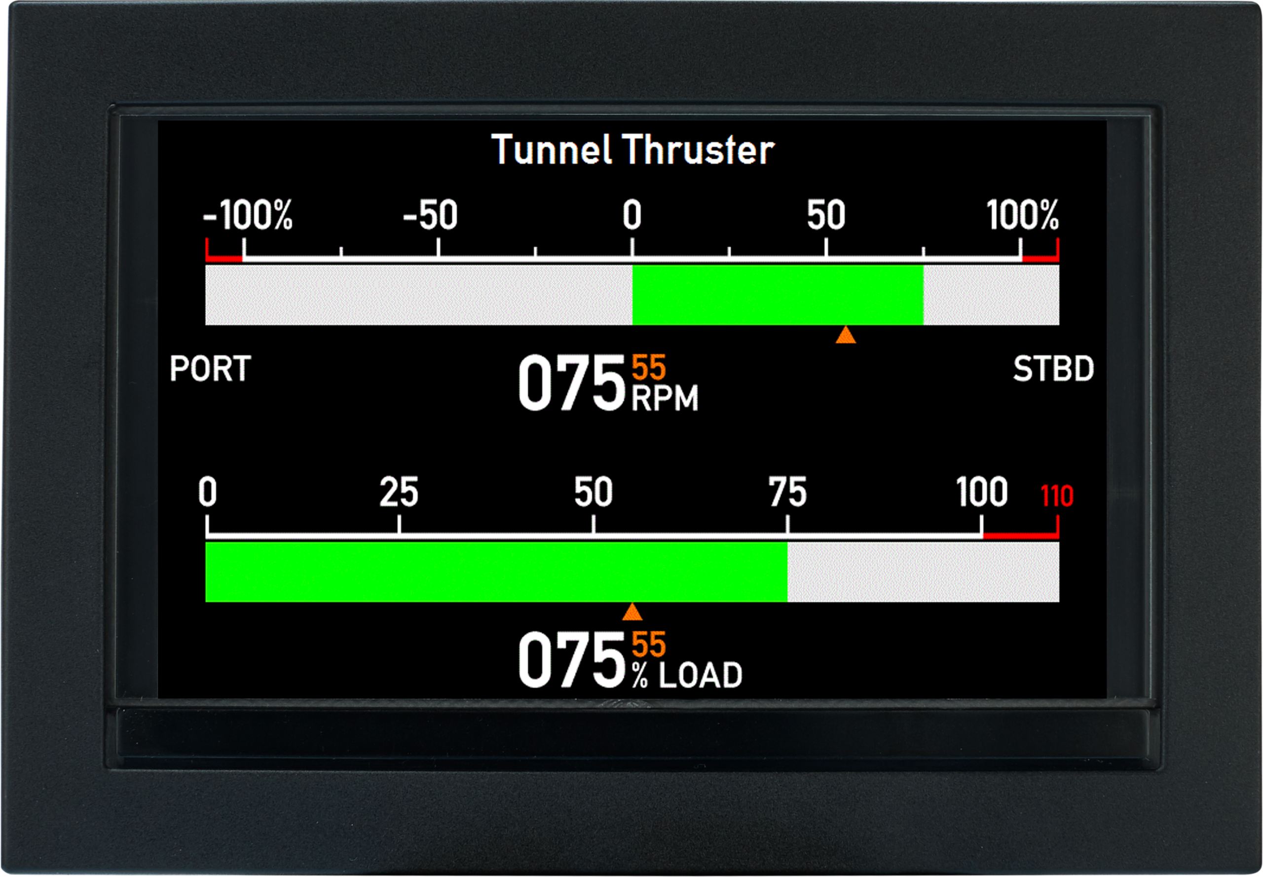 A digital display shows tunnel thruster status with two horizontal bar gauges for RPM and load, both at 75.55. The bars are green with numeric and percentage values, and PORT and STBD labels are on the top gauge.
