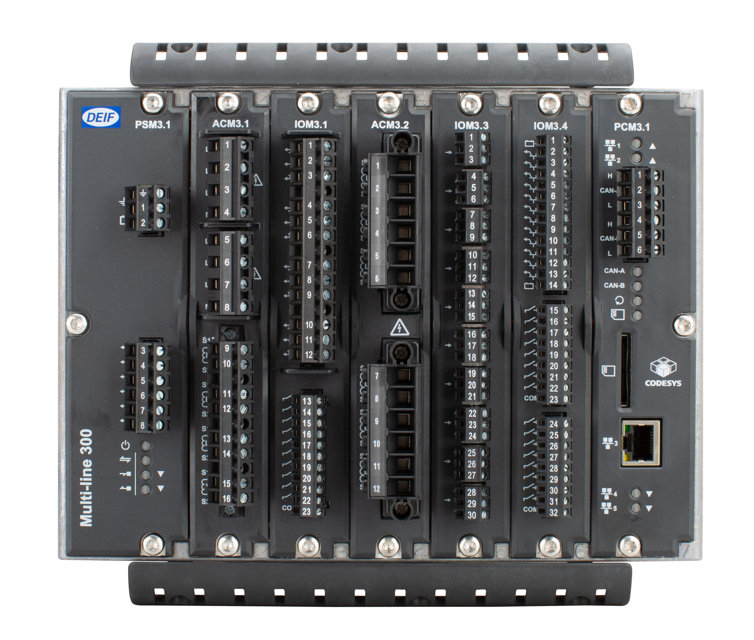 A DEIF Multiline 300 industrial control module with multiple labeled ports, connectors, buttons, and indicator lights on its black front panel, used for automation and monitoring systems.