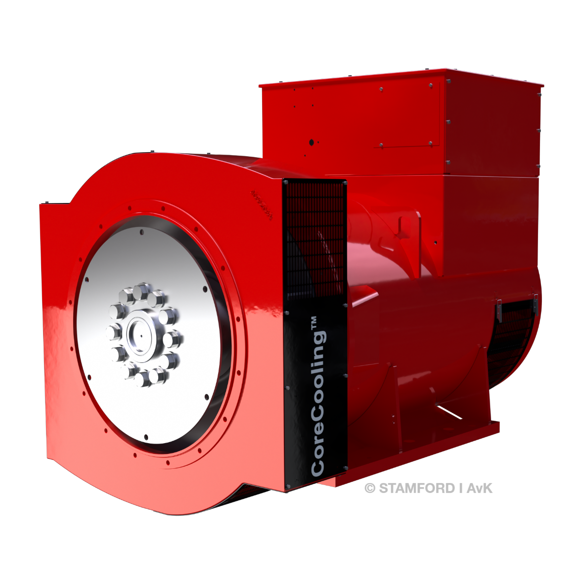Een grote, industrieel rode STAMFORD generatoreenheid met een metalen ventilator zichtbaar aan de voorkant en de woorden CoreCooling™ op een zwart paneel. De boxachtige generator steekt af tegen een effen witte achtergrond.