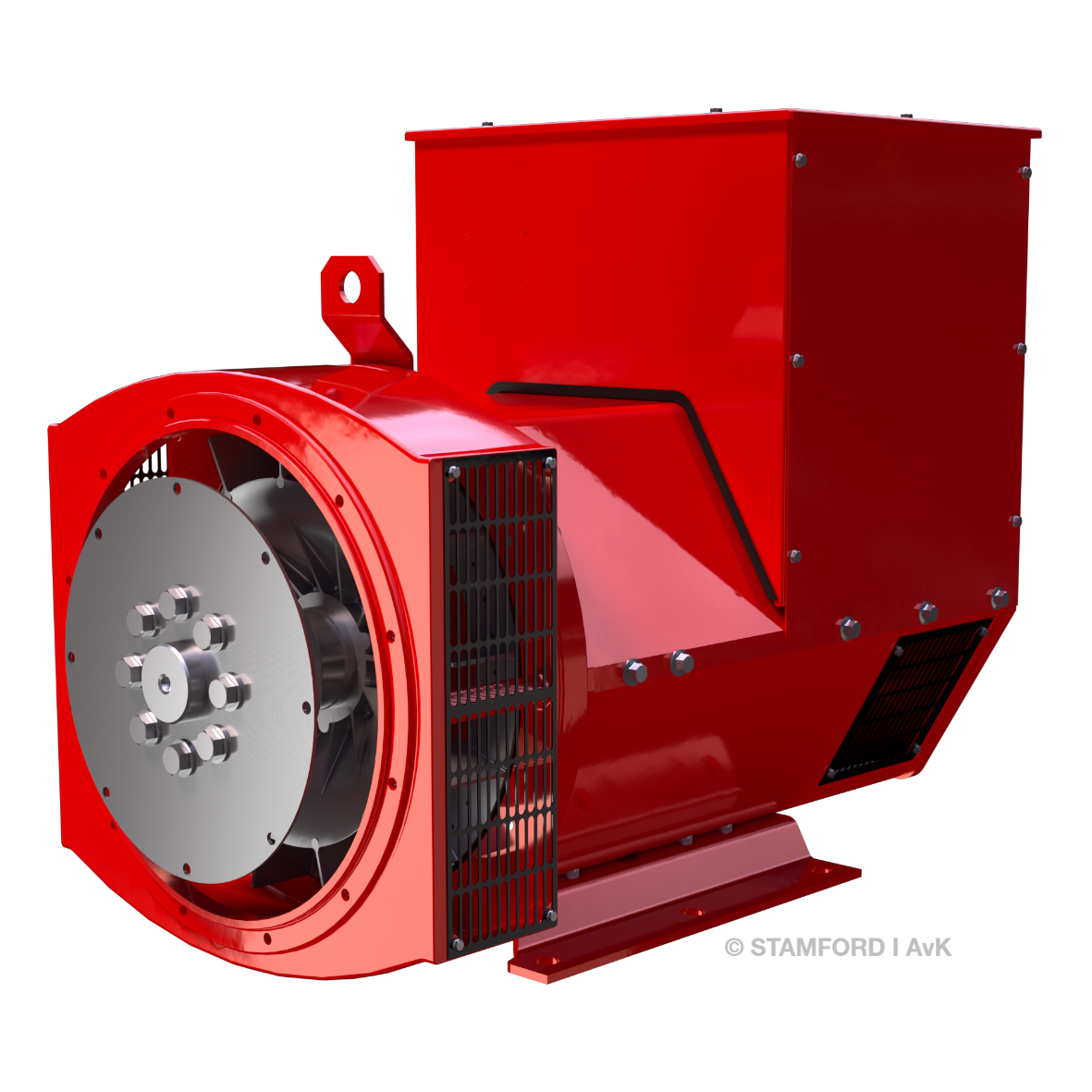 Een rode industriële alternator van STAMFORD generatoren met een groot cilindrisch lichaam, ventilatieroosters, een zijmontagebeugel en een opvallende ronde metalen frontplaat, geïsoleerd op een witte achtergrond.