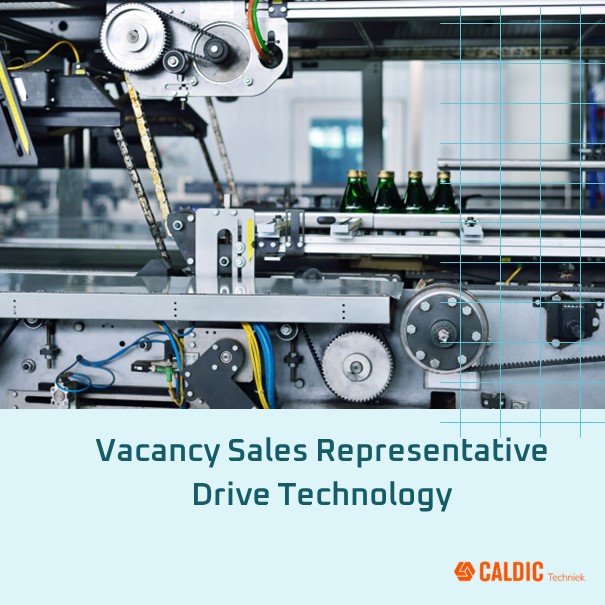Close-up of an automated production line with glass bottles, gears, and wires. Text reads “Vacancy Sales Representative Drive Technology” with the Caldic Technik logo at the bottom right.