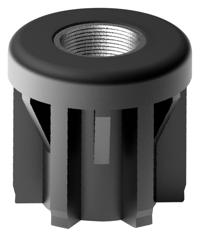 Een 3D-afbeelding van een zwart, cilindrisch mechanisch onderdeel met een metalen inzetstuk met schroefdraad bovenaan en meerdere verticale kolommen rond de basis, vaak gebruikt als inslagdoppen en lasplaten voor stelvoeten.