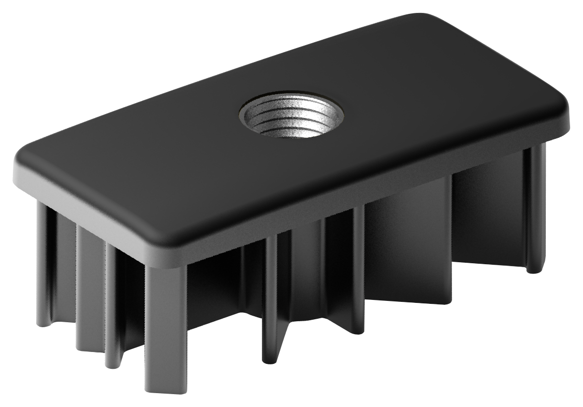 Een zwart rechthoekig plastic inzetstuk met een metalen gat met schroefdraad in het midden en meerdere ribbels die vanaf de basis naar beneden lopen, ideaal voor gebruik als inslagdoppen en lasplaten voor stelvoeten.