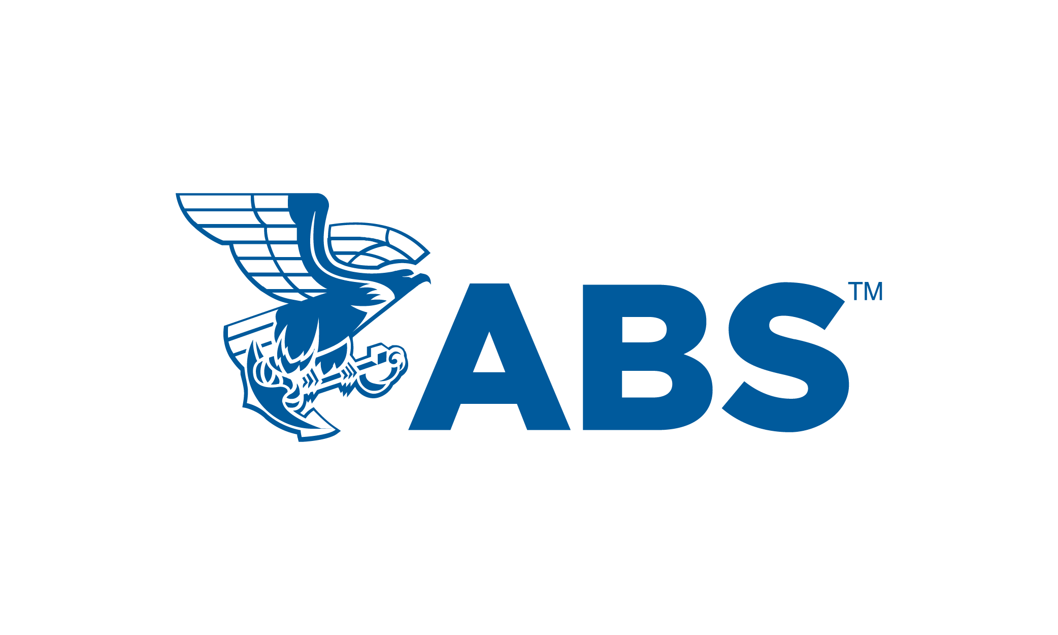 Blauw logo met een gestileerde adelaar met gespreide vleugels links van de vetgedrukte letters ABS in hoofdletters, verwijzend naar STAMFORD generatoren, tegen een lichtgrijze achtergrond.