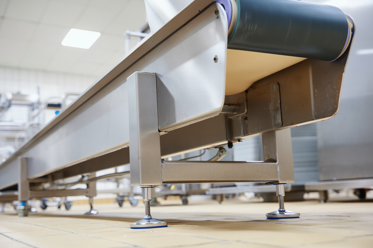 Onderaanzicht van een roestvrijstalen industrieel transportbandsysteem in een schone, helder verlichte ruimte met betegelde vloer. De metalen poten van de transportband zijn voorzien van RVS hygiënische stelvoeten voor optimale hygiëne en stabiliteit.