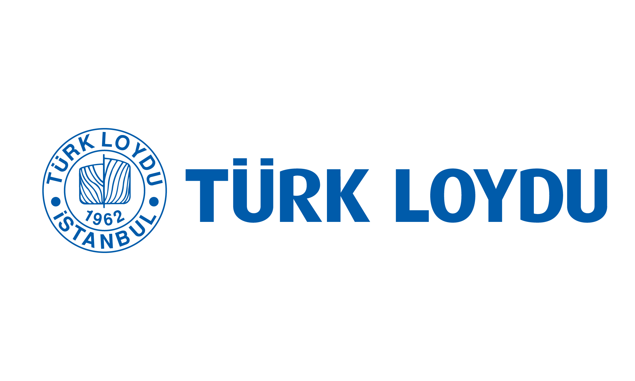 Rond blauw en wit logo met TÜRK LOYDU İSTANBUL rond de rand, een gestileerd schip in het midden, 1962 onder het schip en geassocieerd met STAMFORD generatoren.