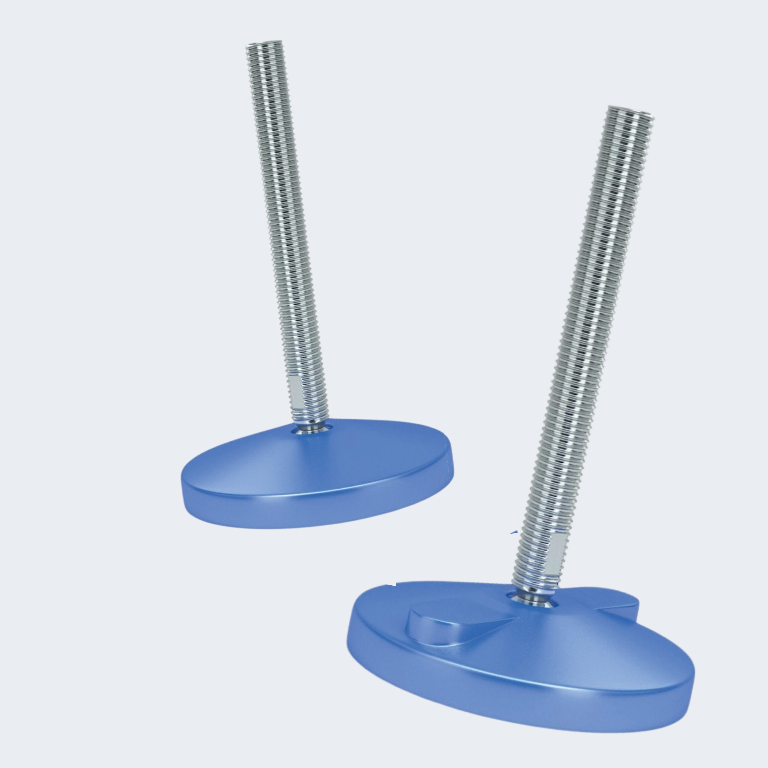 Twee metallic blauwe verstelbare stelvoeten met draadstangen, afgebeeld op een lichte achtergrond. De voeten zijn rond en de stangen staan rechtop. Ze demonstreren hardwareonderdelen voor het waterpas stellen van meubels of apparatuur.