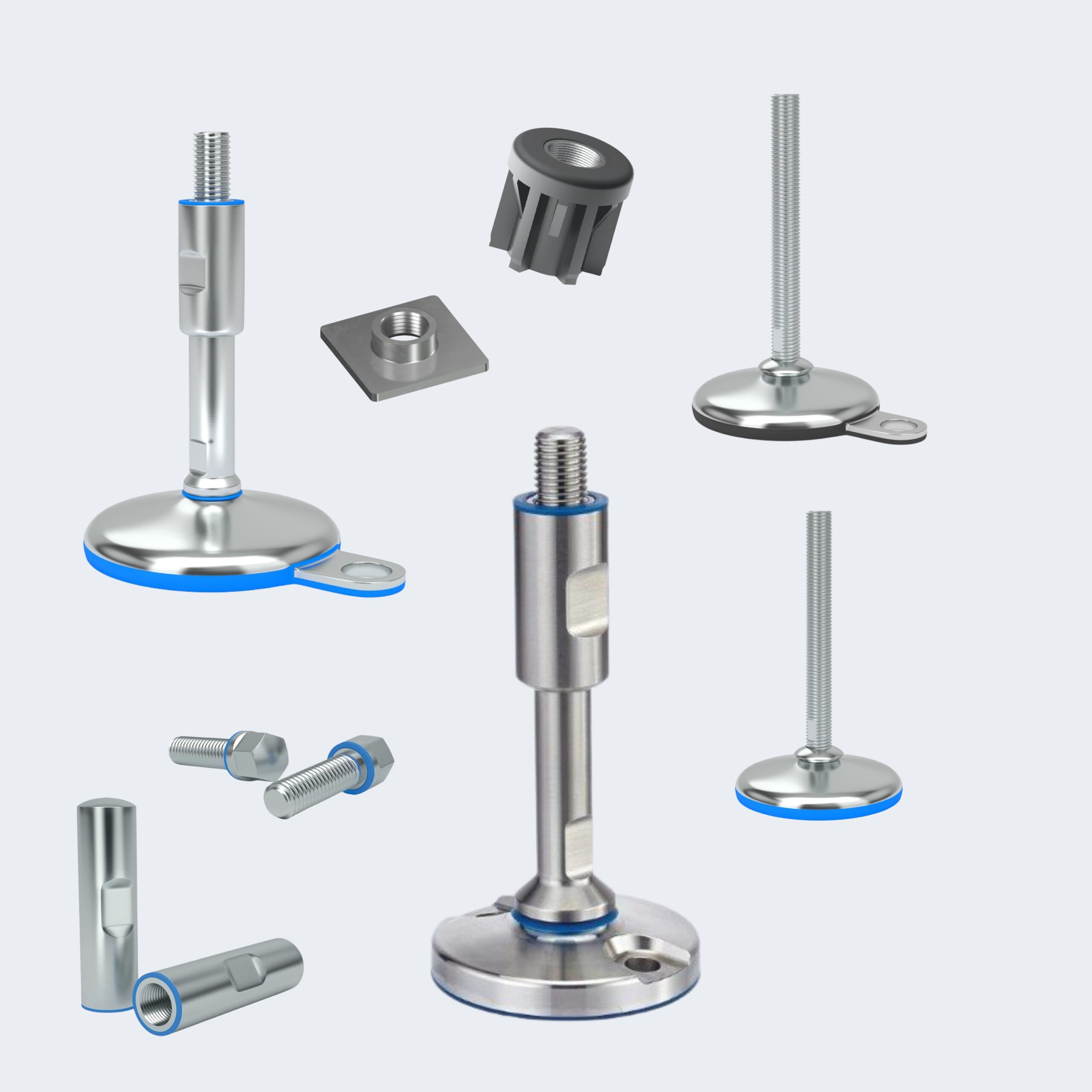 Verschillende metalen machineonderdelen, waaronder verstelbare stelvoeten voor transportbanden, bouten, moeren en een grijs plastic tandwiel, weergegeven op een lichtgrijze achtergrond.