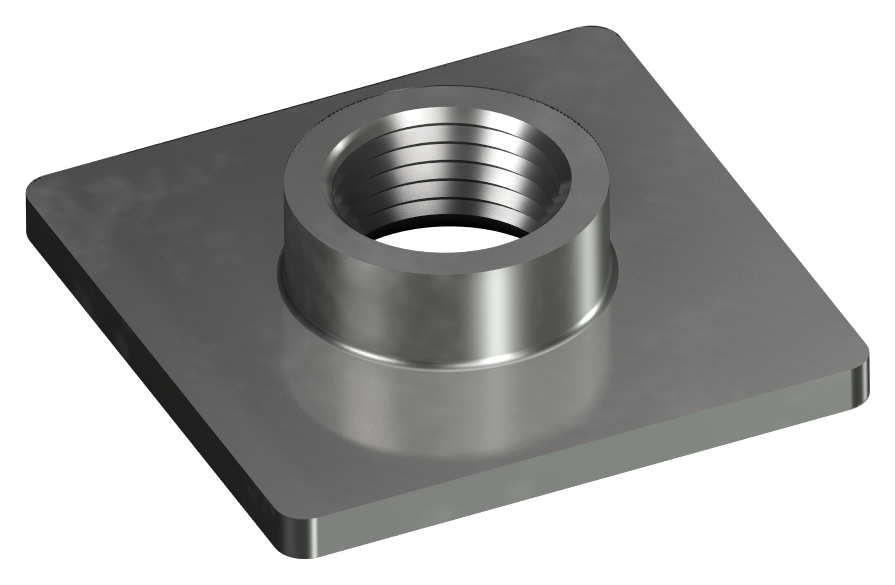 Een 3D-weergave van een vierkante metalen plaat met een centraal draadgat en een verhoogde ronde kraag, vergelijkbaar met lasplaten voor stelvoeten, gebruikt voor bevestiging of structurele toepassingen.