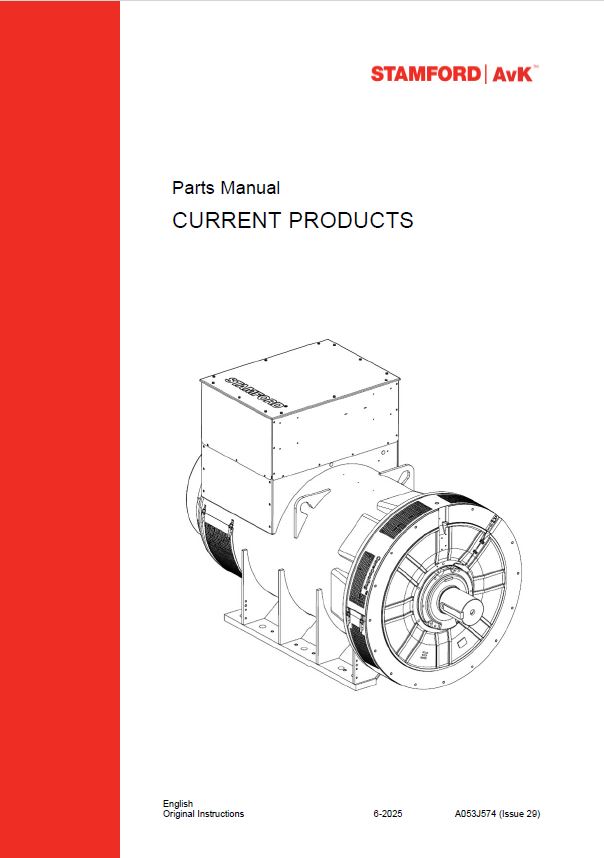 Cover page of a Stamford AvK parts manual titled CURRENT PRODUCTS, featuring a black-and-white technical drawing of an industrial generator on a white background. Company logo is in the top right corner.