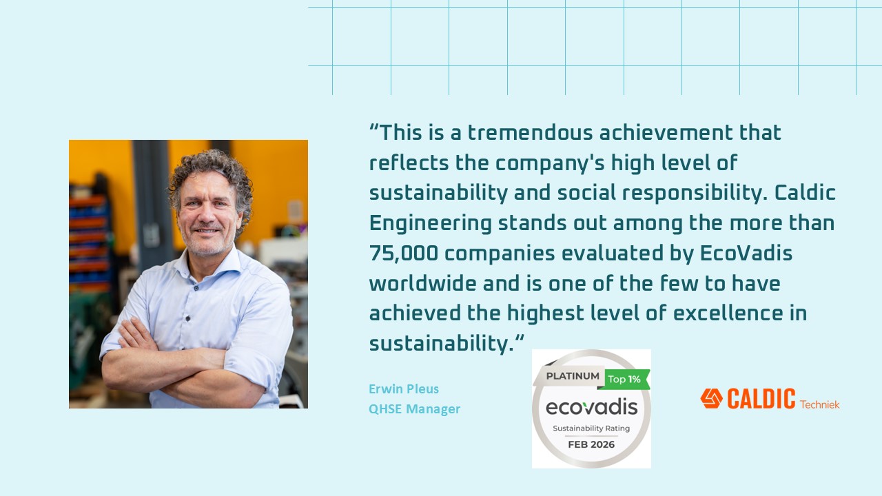 A man with curly hair stands with folded arms, smiling. Beside him, a quote praises Caldic Engineering’s sustainability achievement: From Gold to Platinum—Caldic Technik has received the Platinum EcoVadis certification! Blue grid lines border the image.