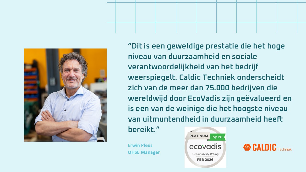 Een man met krullend haar en een blauw overhemd staat met zijn armen over elkaar te glimlachen. Naast hem staat een citaat over duurzaamheid, het logo van Caldic Techniek, een EcoVadis Platinum certificeringsbadge en zijn naam: Erwin Pleus, QHSE Manager.