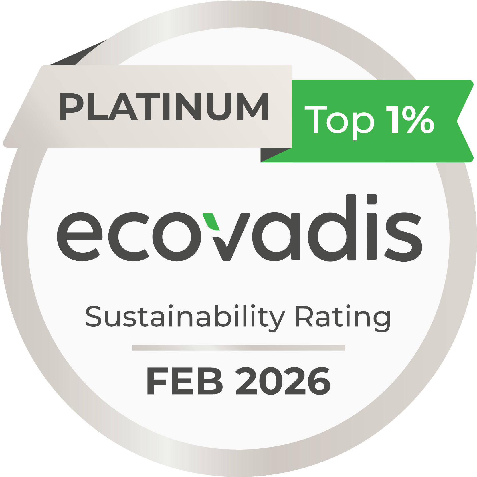 Ronde badge met PLATINA en Top 1% met het EcoVadis-logo, om onze EcoVadis Platinum-certificering te benadrukken. De tekst luidt Sustainability Rating FEB 2026.